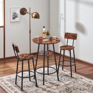 Mshliw Round Bar Stool Set with Shelves, Rustic Brown Bar Table and Stools with Backrest, Footrest & Storage Shelf, 23.6" Small Space Bar Set - 1 of 4