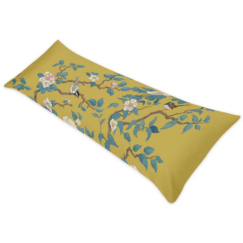 Sweet Jojo Designs Girl Body Pillow Cover (Pillow Not Included) 54in.x20in. Floral Bird Blossom Yellow and Blue, 1 of 6