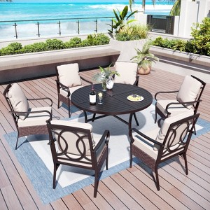 Captiva Designs 7pc Patio Dining Set with Slat-top Steel Table & Rattan Metal Chairs with Removable Cushions - 1 of 4