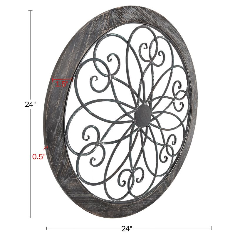 Medallion Metal Wall Art- 24 Inch Round Iron Scrollwork, Flower & Wood Frame Home Decor in Gray, Hand Crafted- Mounting Screws Included by Lavish Home, 3 of 8