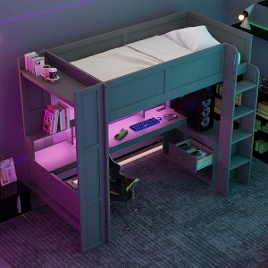 PAGED Full Size Loft Bed Simple Modern Wooden Bed Frame with Desk, Shelves, LED and Guardrail for Bedroom - 1 of 4
