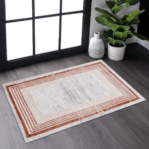 Kumasinova Bordered Area Rug, Non-Slip Medium-Pile Living Room Rug, Stain-Resistant Door Mat, Kids & Pets Friendly, Non-Shedding, Brown - 1 of 4