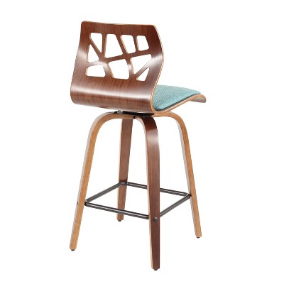 Folia Teal Upholstered Swivel Counter Height Barstools with Walnut Frame, Set of 2