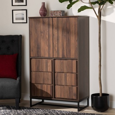 Neil Walnut Brown Wood and Black Metal Storage Cabinet