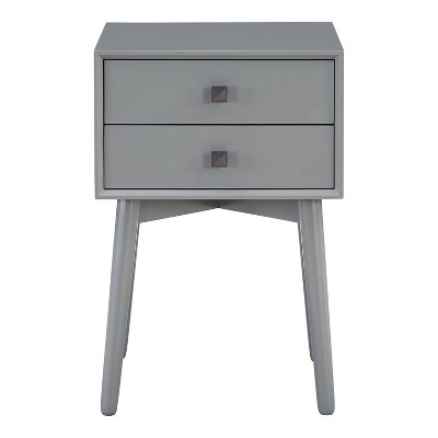 Gray Mid-Century Modern 2-Drawer Rubberwood Nightstand