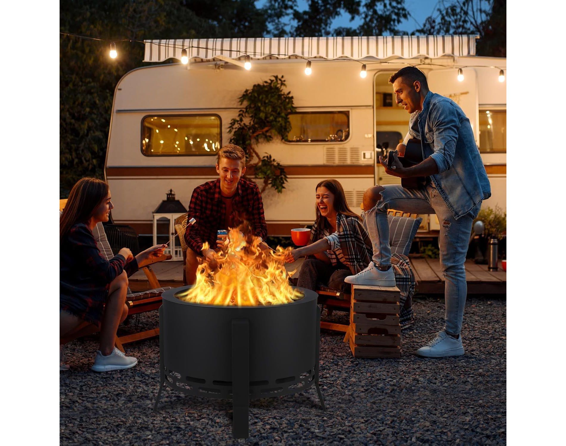 Acekool 26" Smokeless Fire Pit - Adjustable Outdoor Fire Bowl with Ash Tray & Poker for Backyard, Camping & Patio (Matte Black)