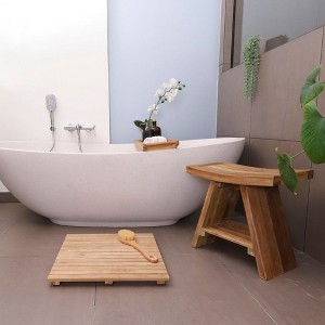 Nordic Teak Natural Shower and Bath Stool with Curved Seat and Shelf - Beige - 1 of 4