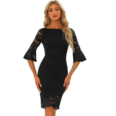 INSPIRE CHIC Women's Bell Sleeve Boat Neck Vintage Cocktail Lace Sheath Dress