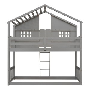 MAYEERTY Twin Over Twin House Bunk Pine Wood Bed with Roof Window Box Door Guardrails Ladder Gray for Bedroom - 1 of 4