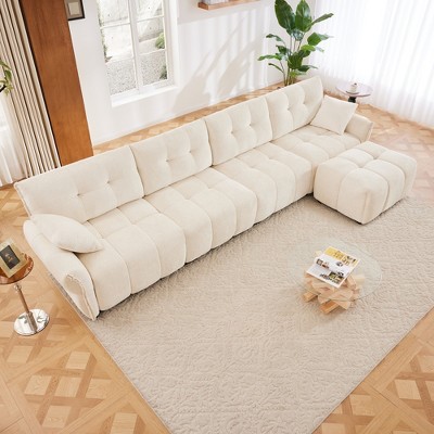 DOMETOUR Modular 4-Seater Chenille Sofa with Ottoman, Solid Wood Frame, High-Resilience Cushions, White, for Living Room or Office