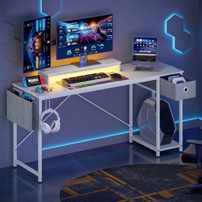 White 61-Inch LED Computer Desk with Drawer and Headphone Hook