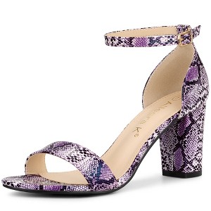 Allegra K Women's Snakeskin Open Toe Chunky Heels Buckle Ankle Strap Sandals - 1 of 4