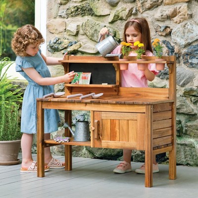 Martha Stewart Kids Outdoor Potting Bench: Acacia Wood Kids Gardening Set w/ Pots, Garden Tools, Bin & Open Shelves, Backyard Outdoor Activity Play