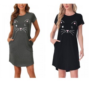 INSPIRE CHIC Women's 2 Pcs Cats Printing Pajamas Cute Printed Sleep Dress Short Sleeve Nightgowns - 1 of 4