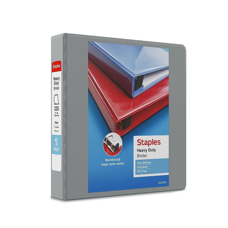 1-1/2" Staples Heavy-Duty View Binder with D-Rings Light Gray 976037, 1 of 9