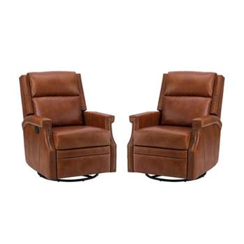 Set of 2 Favonius Wooden Upholstery Genuine Leather Swivel Rocker Recliner with Nailhead Trim for Bedroom and Living Room| ARTFUL LIVING DESIGN