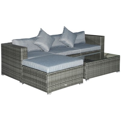 Outsunny 5-Piece Outdoor Sectional Furniture, Patio Sofa Set, PE Wicker Couch, Cushions, Pillows, Ottoman, Coffee Table