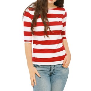 INSPIRE CHIC Women's Stripes Casual Basic Elbow Sleeves Boat Neck Slim Fit T-Shirts - 1 of 4