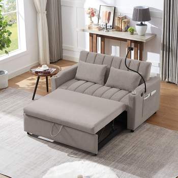 55.9" Convertible Sofa Bed, Loveseat Sofa with Three USB Ports, Two Side Pockets, Two Cup Holders and 360°Swivel Phone Holder, 4A -ModernLuxe