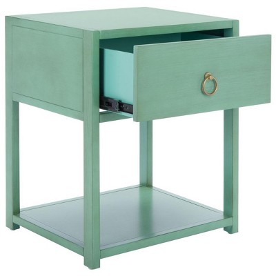 Turquoise Acacia Wood Nightstand with Gold Trim and Shelf