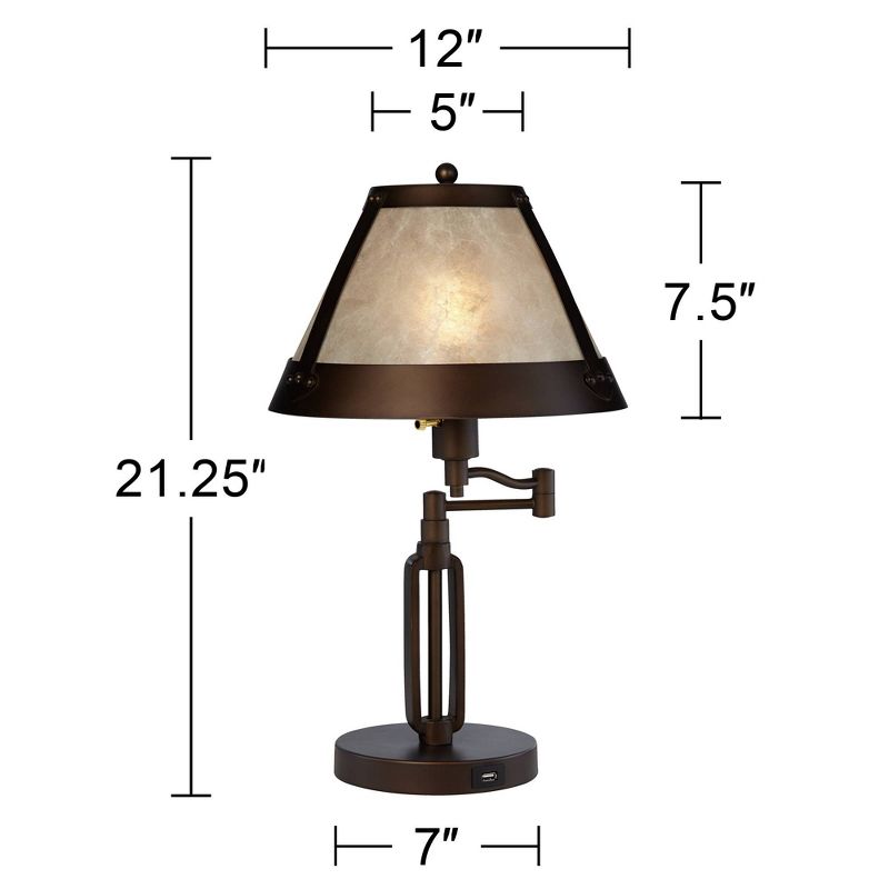 Franklin Iron Works Samuel Industrial Desk Lamps 21 1/4" High Set of 2 Bronze Swing Arm with USB Charging Port Natural Mica Shade for Living Room Home, 4 of 8