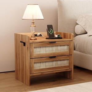 Rattan Nightstand, Bedside Table with 2 Storage Drawer Space, Boho End Table Side Table for Bedroom Living Room Office, Large Night Stand - 1 of 4