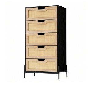 black Modern Rattan 5 Drawers Dresser, Double Dresser For Bedroom, Chest Of Drawers Closet Organizers And Storage Clothes For Bedroom Living Room Hal - 1 of 4