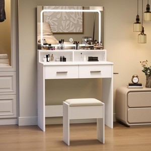 3-Color Modes Vanity Desk with Mirror & Lights - Cushioned Stool, 2 Drawers & Charging Station - White Dressing Table for Bedroom, Makeup Studio - 1 of 4