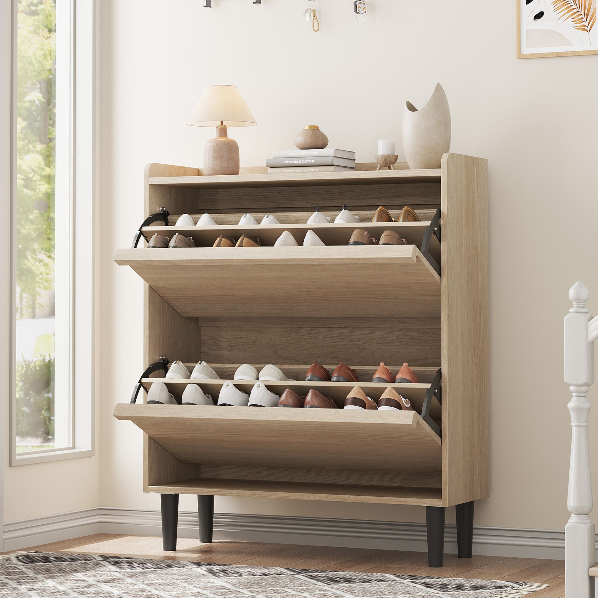 Shoe Cabinet with 2 Flip Drawers, Modern Shoe Storage for Entryway, Wooden Shoe Organizer Cabinet with Adjustable Shelf, for Hallway, Natural