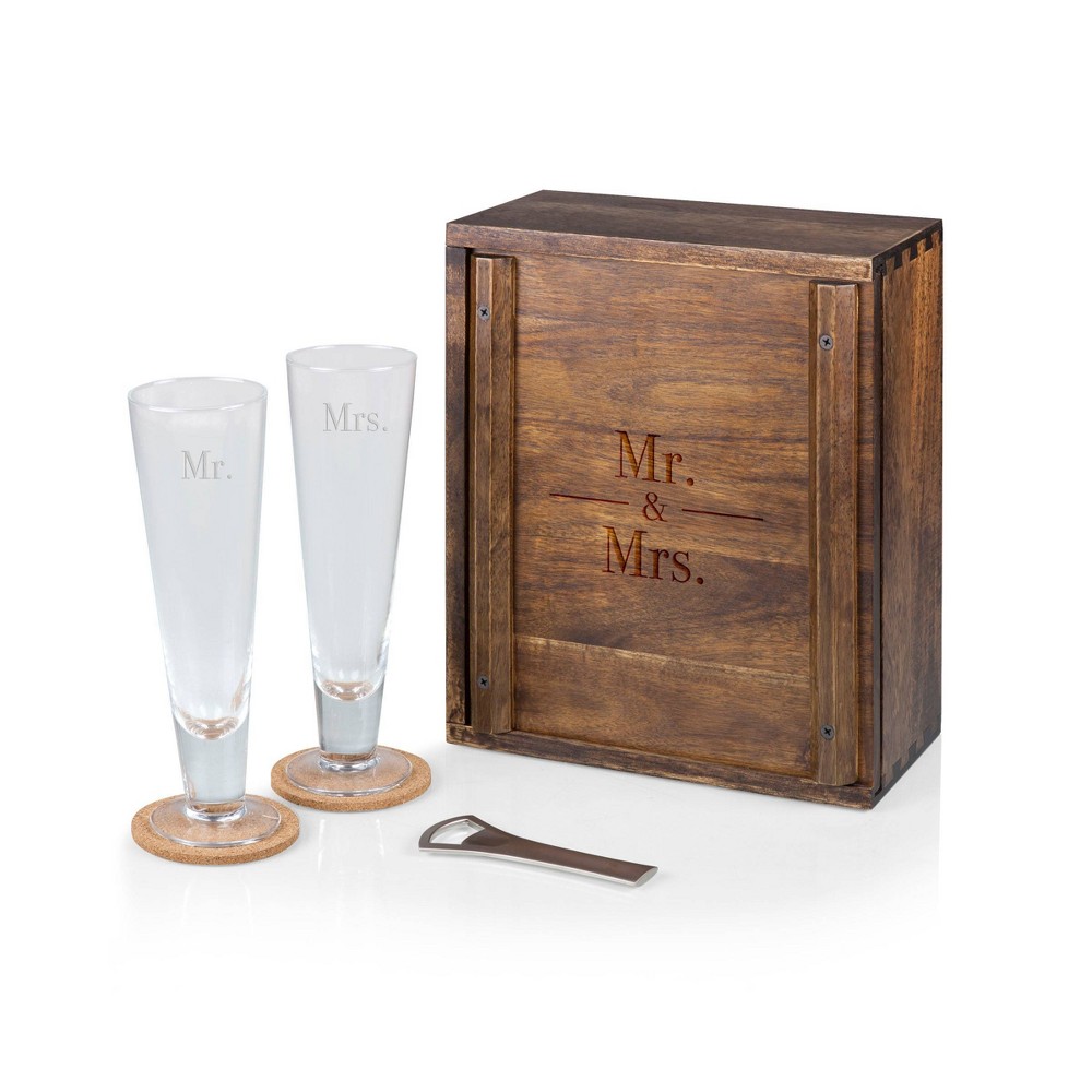 Photos - Glass Picnic Time 7pc Mr. and Mrs. Pilsner Beer  Gift Set: Fluted Beer es, Coasters, Storage Box, Bottle Opener