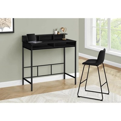 Gray Wood Standing Desk with Hutch and Black Metal Legs