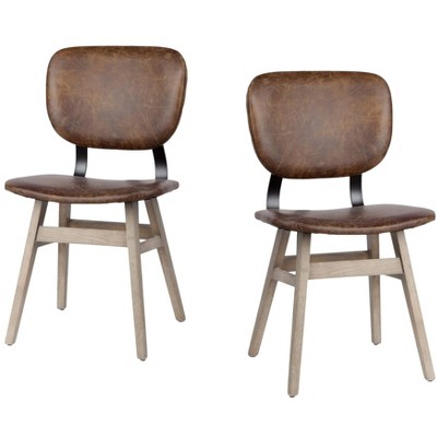HomeRoots Set of Two Brown Leather And Solid Wood Open Back Dining Side Chairs