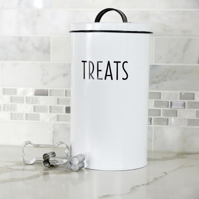 White Metal Farmhouse Pet Treat Container with Lid and Cookie Cutters