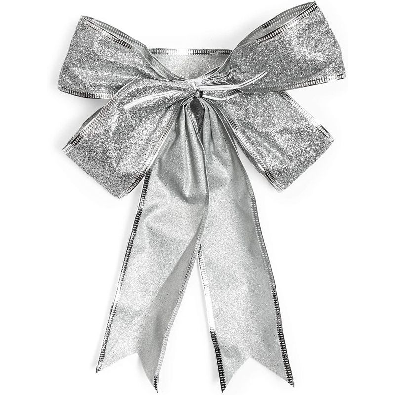 Bright Creations 12 Pieces 7"x9" Christmas Bows Organza Xmas Gift Wrapping Bowknot with Twist Tie, Silver Glitter, 3 of 9