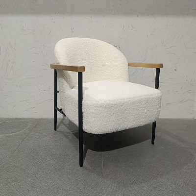 White & Black Faux Lambswool Accent Chair with Wooden Arms - Cozy Modern Lounge Chair for Living Room