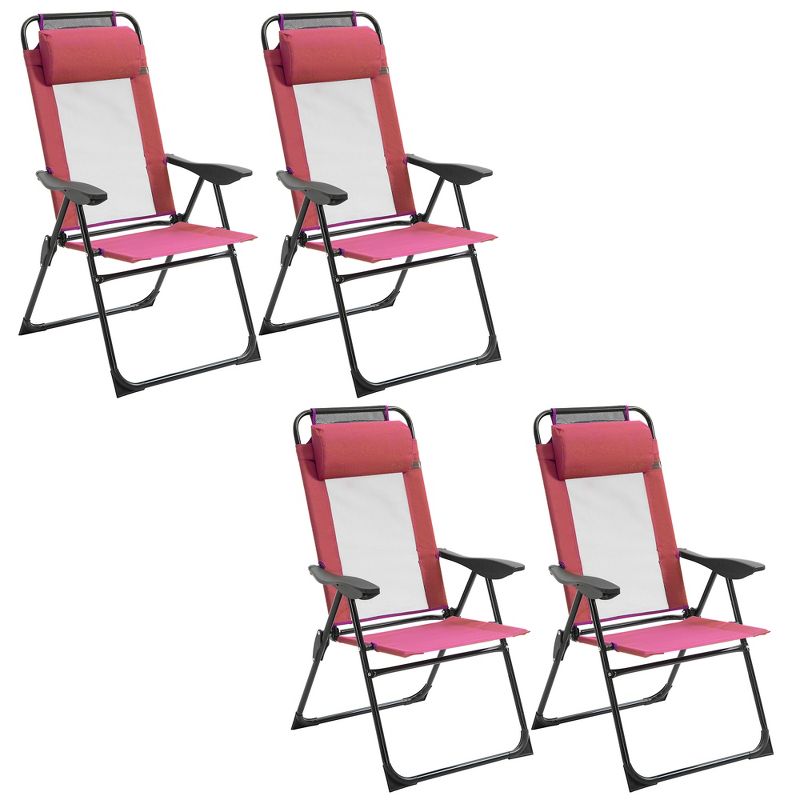 Outsunny Set of 4 Folding Patio Chairs, Camping Chairs with Adjustable Sling Back, Removable Headrest, Armrest for Garden, Backyard, Lawn, Red, 4 of 7