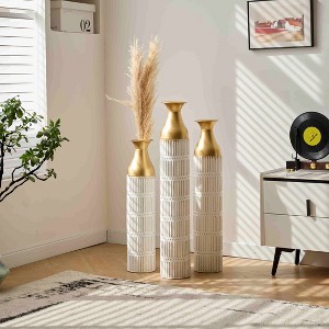 Angel Sar 3-Piece Gold Line Vase Set, Tall White Ceramic Vases with Vertical Stripe Pattern, 33.5" 28.7" 24" H Home Decor - 1 of 4