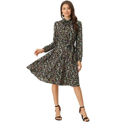 Allegra K Women's Vintage Floral Print Dress - Chiffon Keyhole Neck & Long Sleeves | Belted A-Line Midi Dress