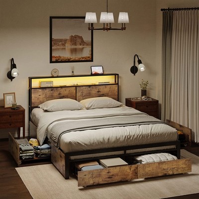 Rustic Brown Queen Metal Platform Bed Frame with Storage Drawers and LED Headboard