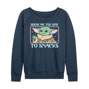 Women's - Star Wars - The Mandalorian Grogu The Way To Snacks Lightweight French Terry Wide Neck Long Sleeve Graphic Shirt - 1 of 4