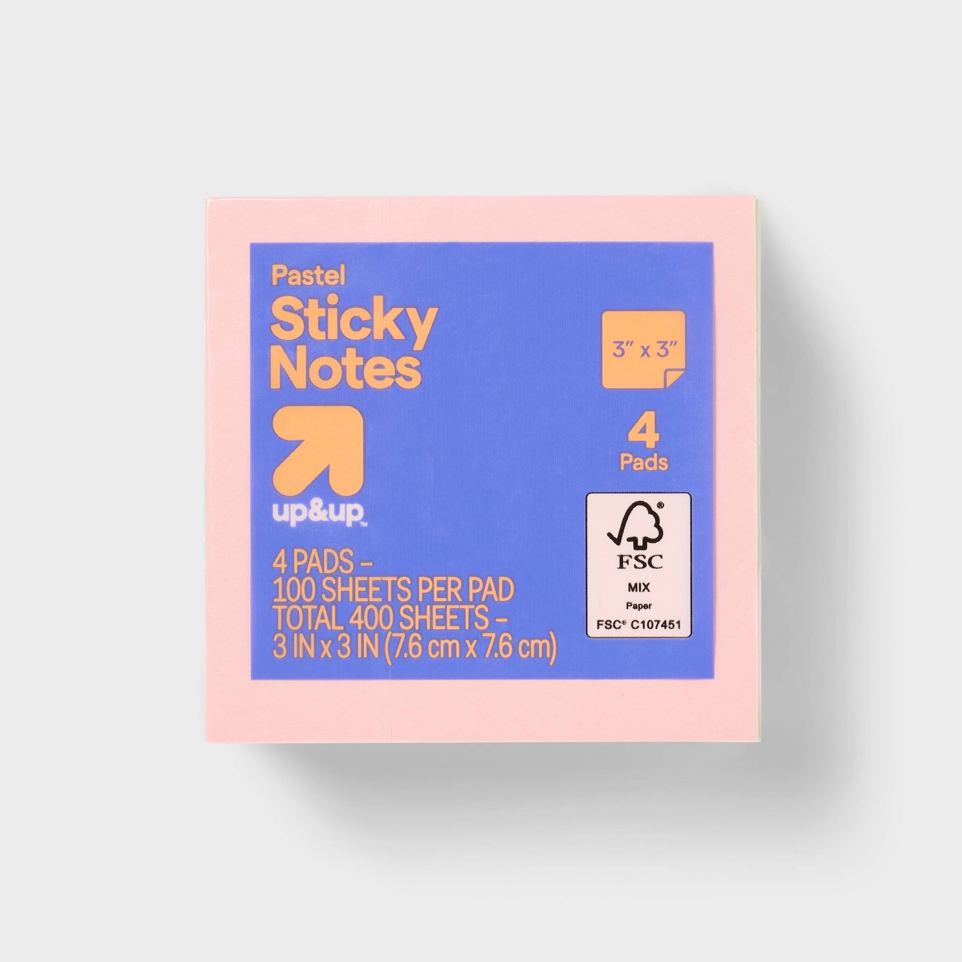 4pk 3"x3" Sticky Notes Pastel - up&up™: Multicolor, 400 Sheets, Office Stationery, Uncoated Paper, Glue Binding