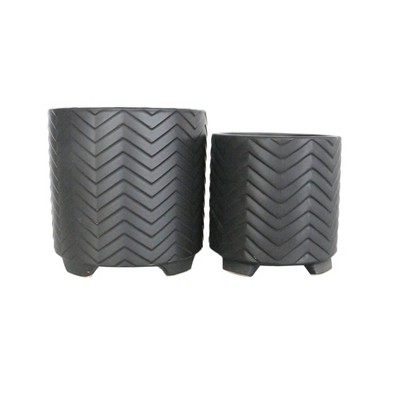 Sagebrook Home Set of 2 Chevron Ceramic Footed Planters Black