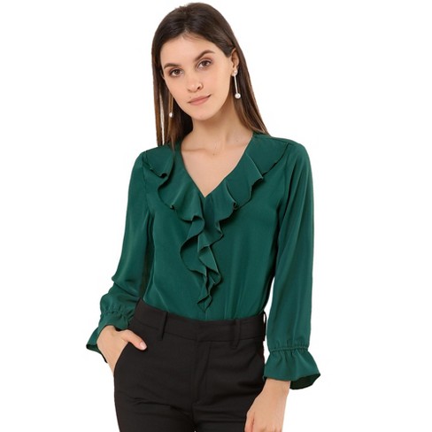 Allegra K Women's Office Work Ruffle V Long Sleeve Neck Chiffon Peasant  Blouse Green X-large : Target