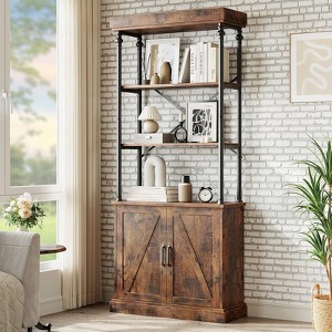 Tall Bookshelf with Doors, 74" Industrial Wood & Metal Storage Rack, Farmhouse Bookcase with Cabinet, Large Vintage Display Shelf - 1 of 4