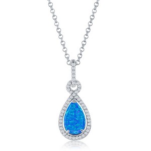 Opalata Sterling Silver Blue Opal Pearshaped with CZ Border 18" Pendant Necklace - Blue - 1 of 2