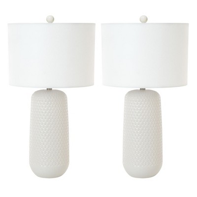 HomeRoots Set of Two 30" White Textured Ceramic Table Lamps With White Drum Shades