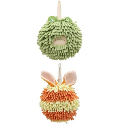 REGALWOVEN Rabbit Shape Quick Drying Soft Absorbent Decorative Chenille Fuzzy Ball Hand Towels with Hanging Loops 7" x 7" 2 Pcs