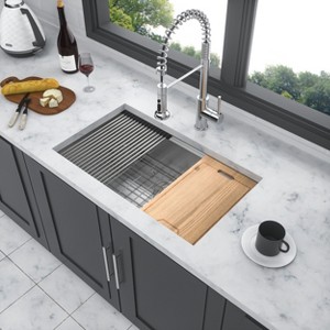 33in Undermount Kitchen Sink - 33*19*9 inch Kitchen Sink Undermount Single Bowl 16 Gauge Stainless Steel Ledge Workstation Kitchen Sinks - 1 of 4
