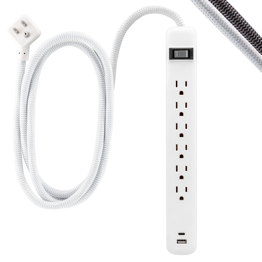 GE 6-Outlet Power Strip 1 USB-A 1 USB-C 15W Shared 6' Braided Cord White: Lifetime Warranty, 14 AWG, 3.6 Amps