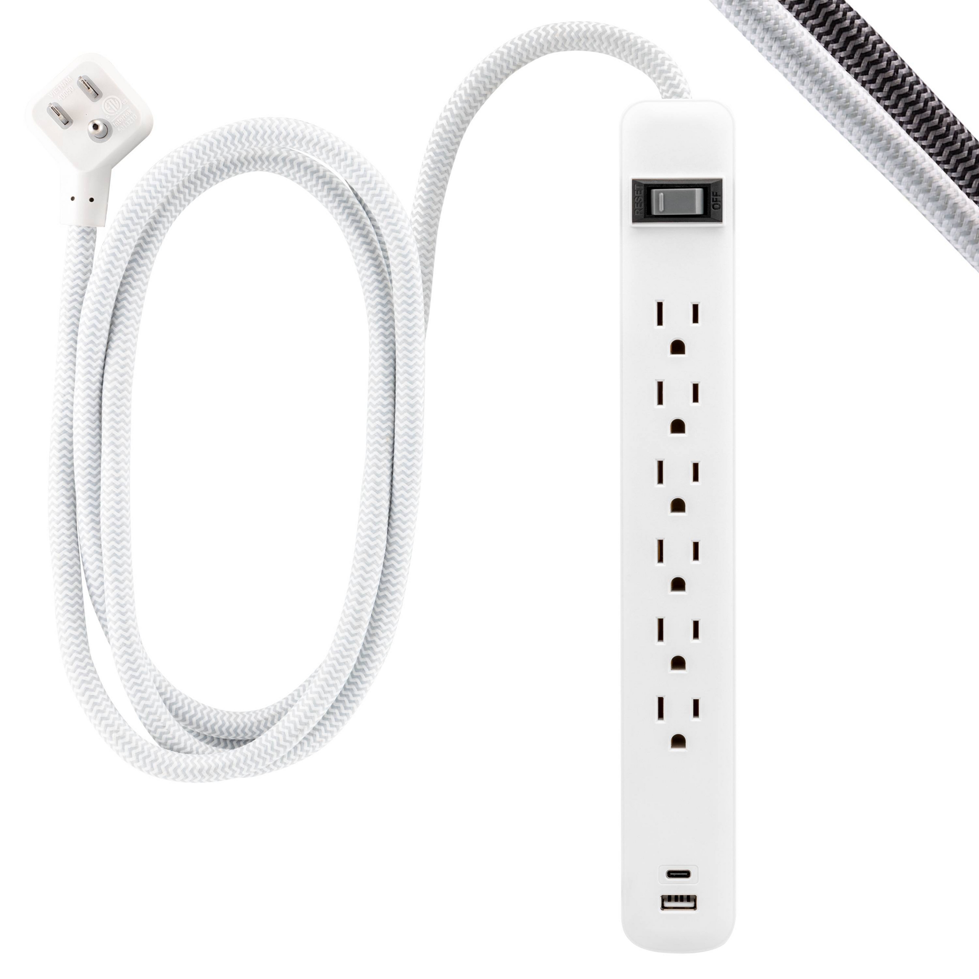 GE 6' Power Strip 6 Outlets 1 USB C and 1 USB A Flat Plug with Braided Extension Cord White